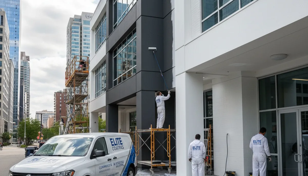 Professional commercial painters finishing an office exterior in Miami, FL with weather-resistant coatings