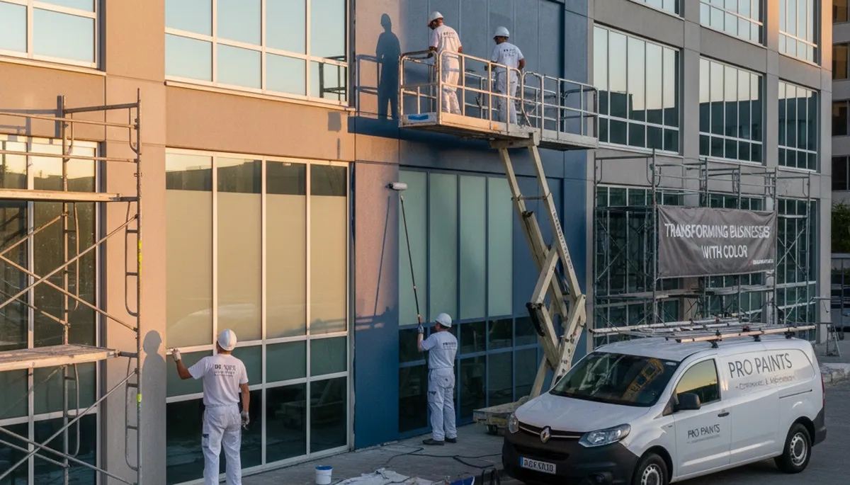 Professional commercial painters finishing an office exterior in Miami, FL with durable coastal paint