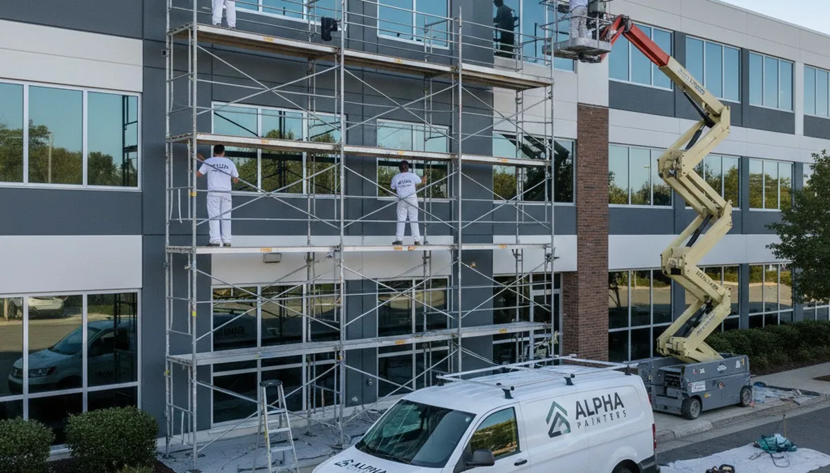 Professional commercial painters coating Miami FL office exterior with durable weather-resistant paint