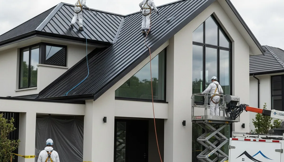 Professional roof painters applying reflective coating on a Miami FL home for UV and hurricane protection
