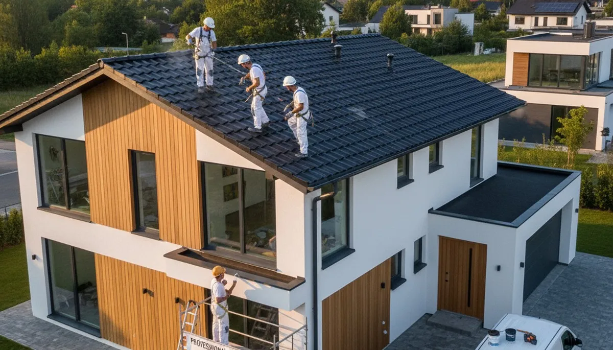 Professional roof painters applying UV-protective coating on a Miami, FL home roof