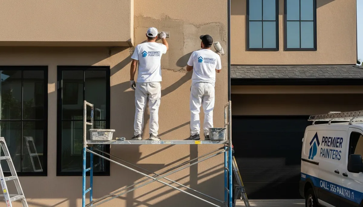 Professional stucco repair on Miami FL home exterior by expert house painters restoring smooth finish
