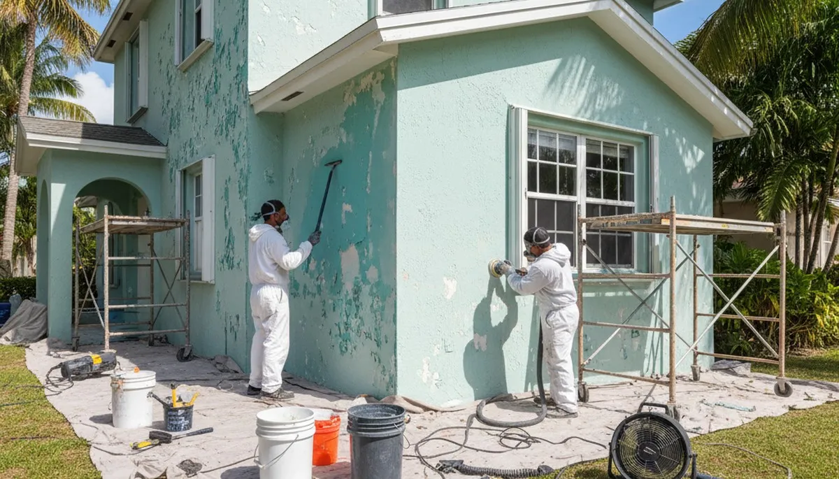 Professional painters prepping exterior walls for new paint coating in Miami, FL home